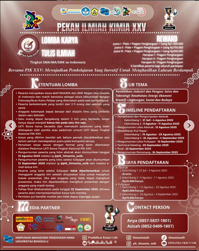 HIMAMIA FKIP UNIB Kembali Gelar Pekan Ilmiah Kimia ke-25, Ajak Siswa dan Mahasiswa se-Indonesia Berkompetisi